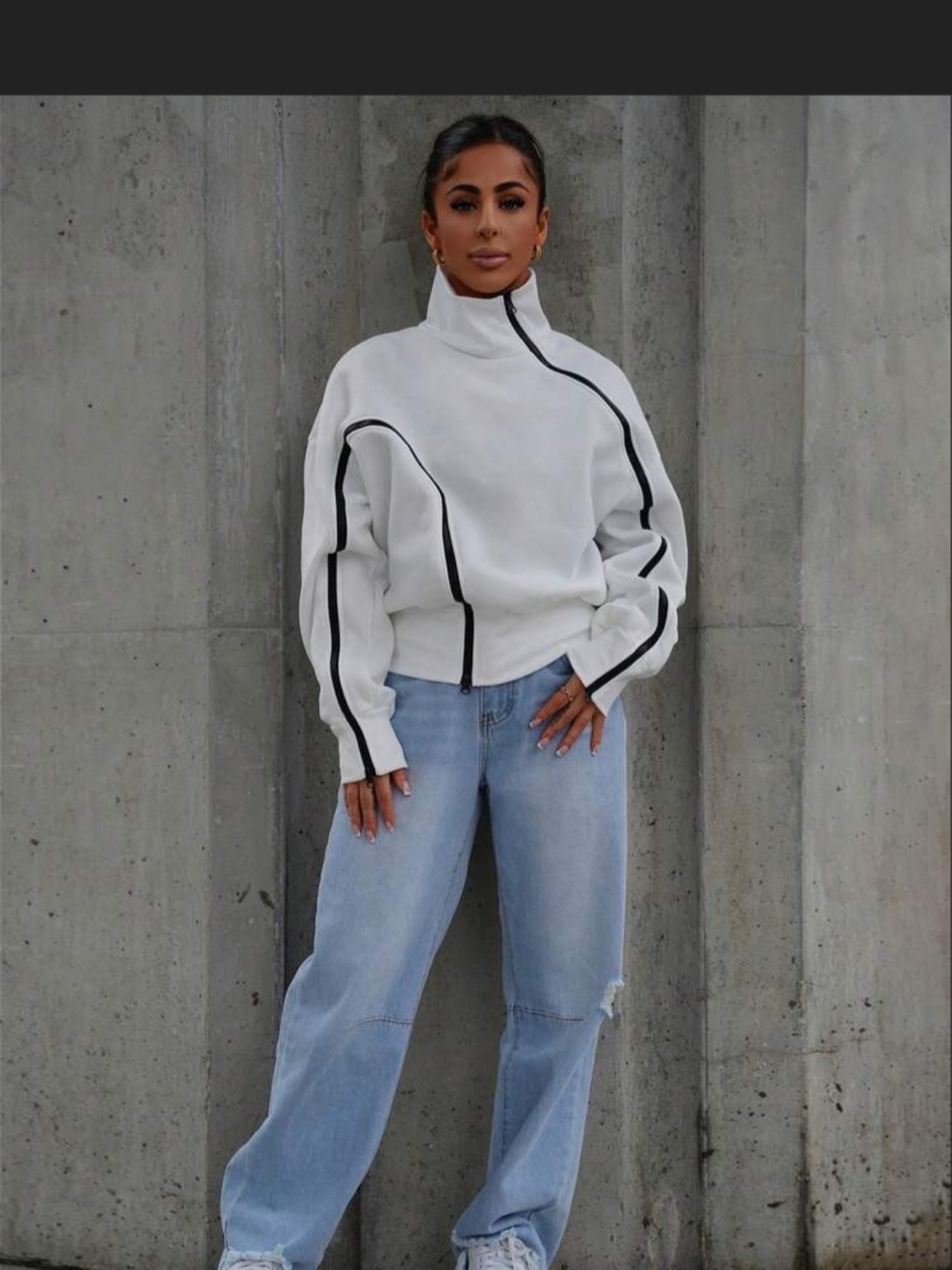 Shein White Zippered Sweatshirt